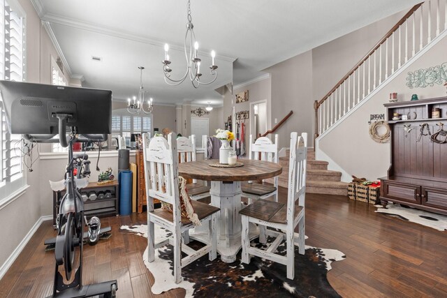 9433 Drovers View Trl, Fort Worth, TX 76131 - dining space featuring an inviting chandelier, stairway, baseboards, ornamental molding, and hardwood / wood-style floors