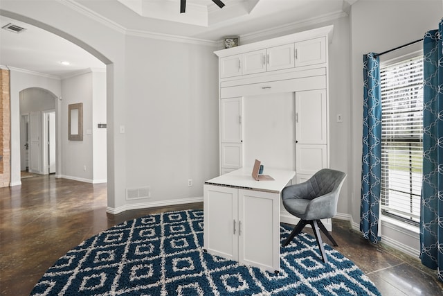 home office with crown molding and ceiling fan