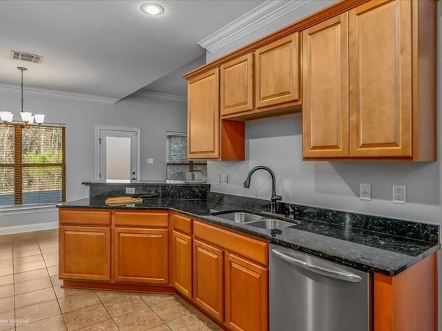 kitchen featuring dishwasher, hanging light fixtures, an inviting chandelier, crown molding, and sink