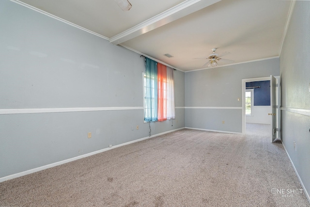 carpeted empty room with ornamental molding and ceiling fan