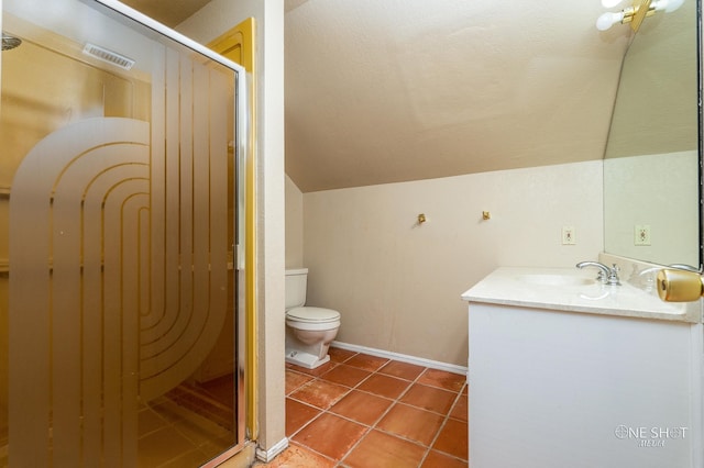 bathroom featuring vanity, toilet, an enclosed shower, tile patterned floors, and vaulted ceiling