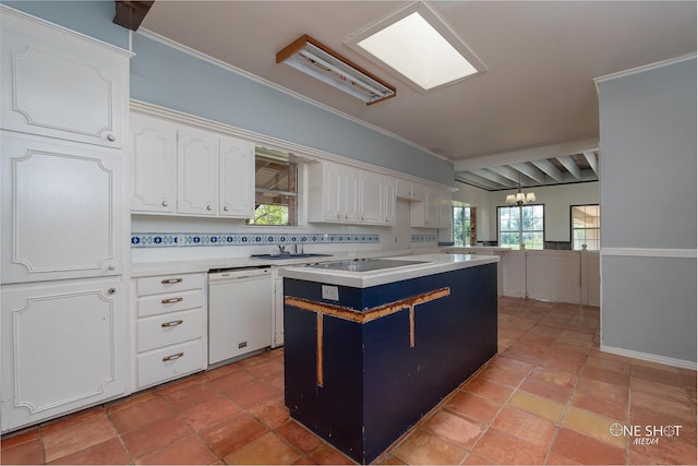 kitchen featuring a center island, white cabinets, decorative backsplash, crown molding, and white dishwasher