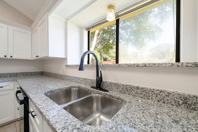 kitchen with white cabinets, vaulted ceiling, dishwasher, and sink