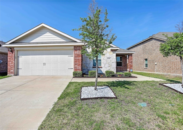 single story home featuring a garage and a front lawn