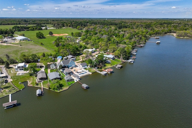 drone / aerial view with a water view and a forest view