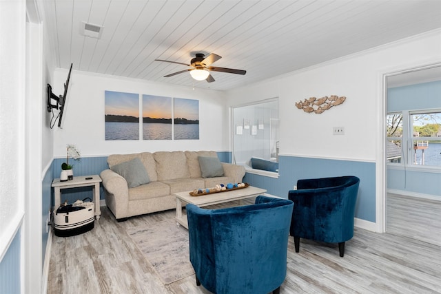 living area featuring wood finished floors, wooden ceiling, ceiling fan, and wainscoting
