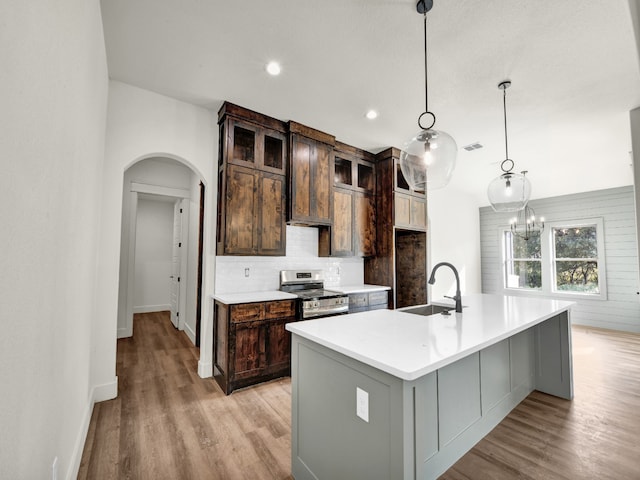 kitchen with an island with sink, light wood-type flooring, dark brown cabinetry, stainless steel range oven, and sink