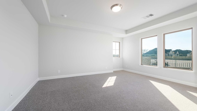 spare room with carpet floors, baseboards, visible vents, and a tray ceiling