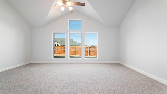 bonus room with lofted ceiling, carpet floors, ceiling fan, and baseboards