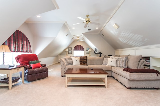 living room featuring carpet, vaulted ceiling, crown molding, and ceiling fan