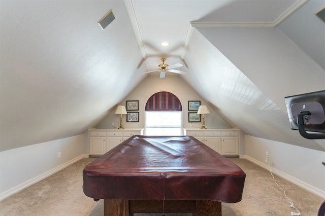 game room with vaulted ceiling, light carpet, and billiards