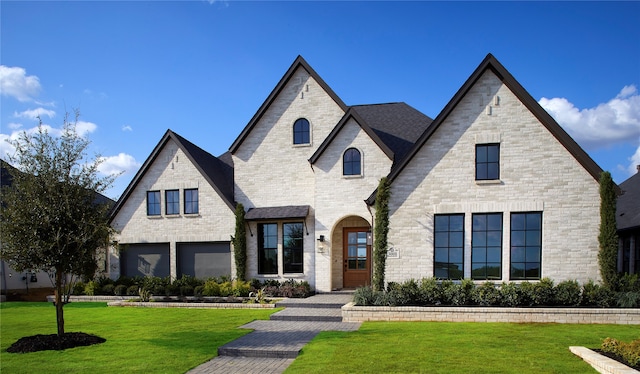 french country inspired facade with a front yard