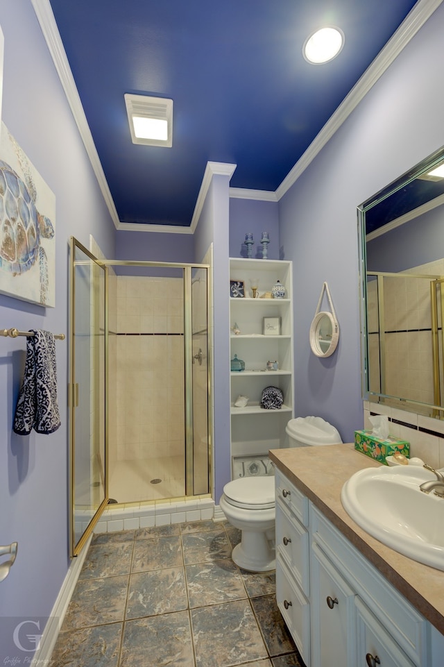 bathroom featuring a shower with door, tile patterned floors, crown molding, vanity, and toilet