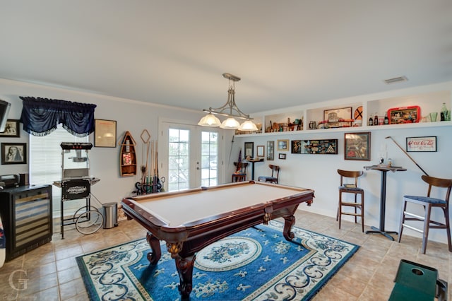 game room featuring french doors, light tile patterned floors, billiards, and crown molding