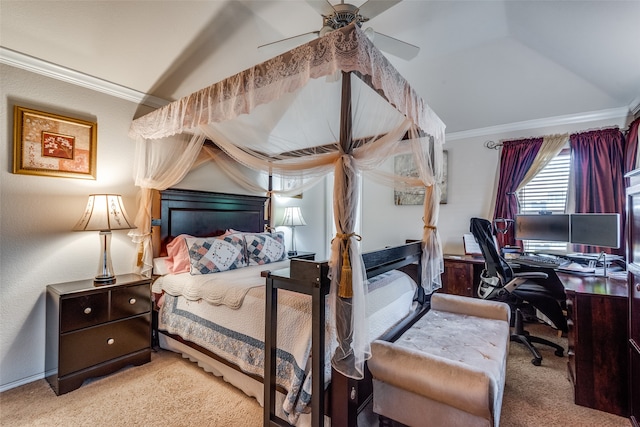 bedroom with ceiling fan, crown molding, and light carpet