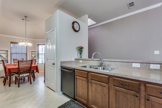 kitchen with crown molding, sink, decorative light fixtures, and stainless steel dishwasher