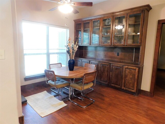 dining space featuring ceiling fan and dark hardwood / wood-style flooring