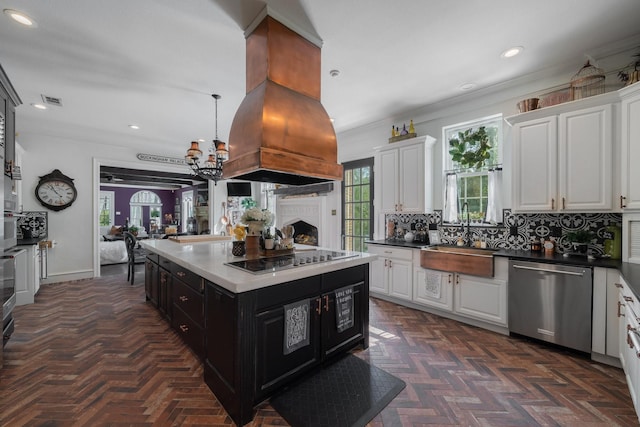 kitchen featuring dishwasher, dark parquet floors, black electric cooktop, white cabinets, and custom exhaust hood