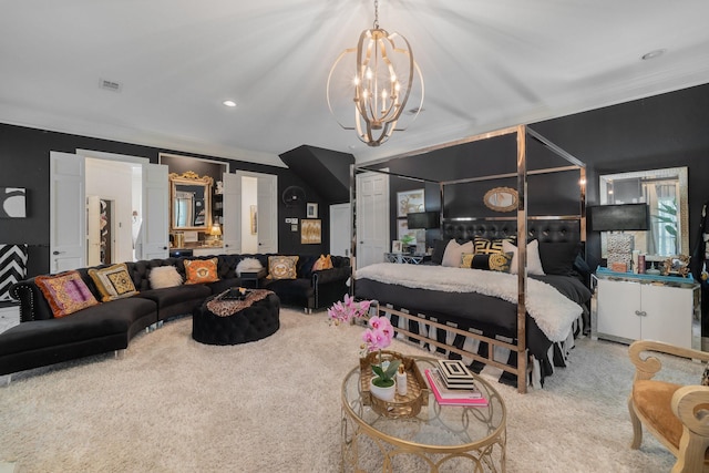 bedroom featuring crown molding, carpet, and an inviting chandelier