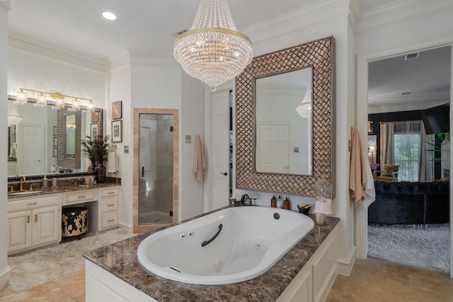 bathroom featuring vanity, separate shower and tub, ornamental molding, and a notable chandelier