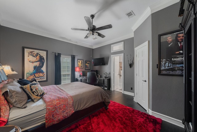 bedroom featuring ceiling fan and crown molding