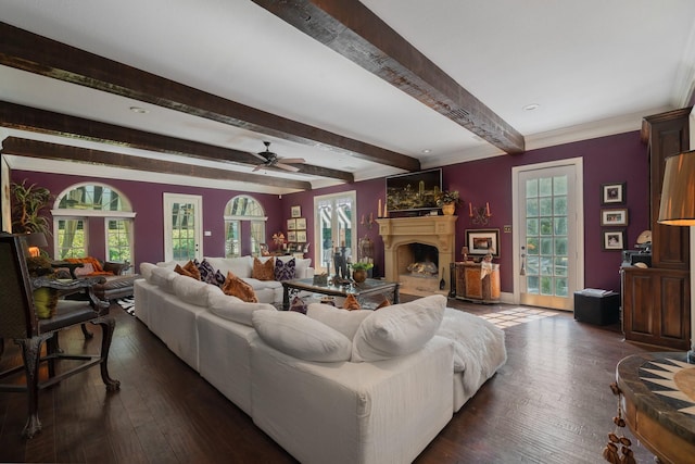 living room with beamed ceiling, a healthy amount of sunlight, and dark hardwood / wood-style floors