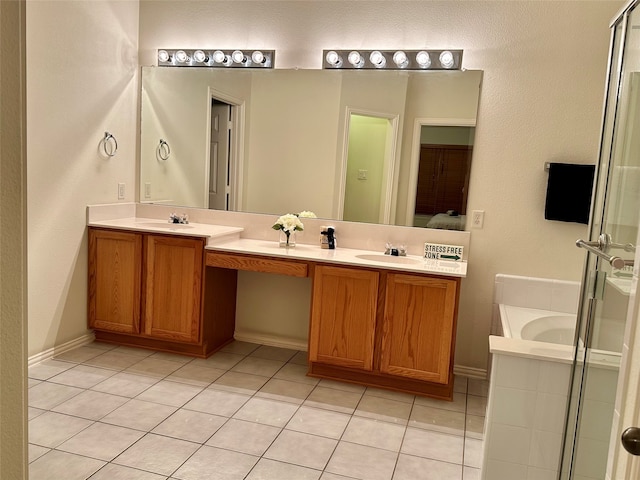 bathroom featuring vanity, separate shower and tub, and tile patterned floors