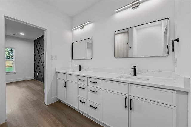 bathroom featuring hardwood / wood-style floors and vanity