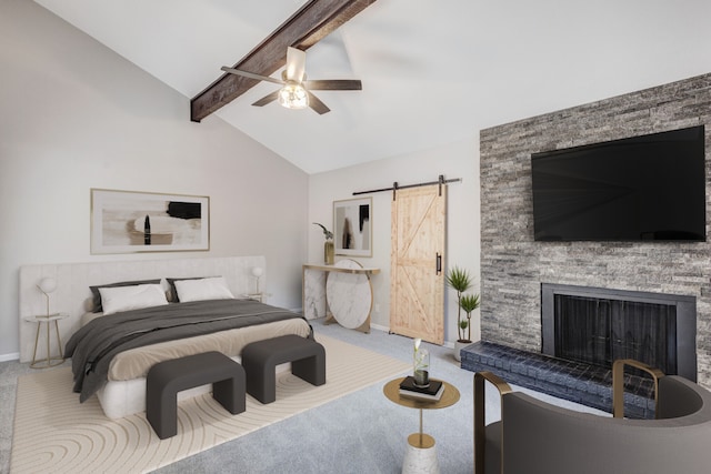 bedroom with ceiling fan, a stone fireplace, lofted ceiling with beams, carpet floors, and a barn door