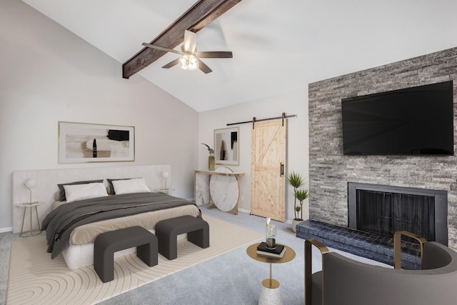 bedroom with baseboards, carpet floors, lofted ceiling with beams, ceiling fan, and a barn door