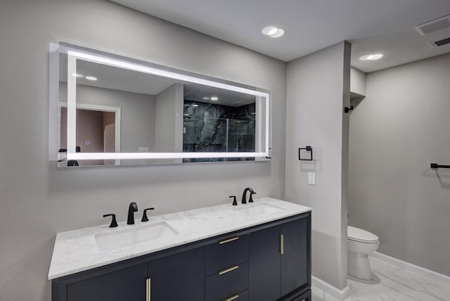 full bath with marble finish floor, a shower, baseboards, and a sink