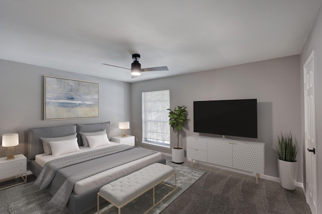bedroom featuring carpet, baseboards, and ceiling fan