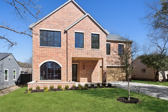 traditional-style home featuring concrete driveway, brick siding, and a front yard