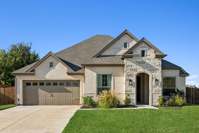 view of front of home featuring a front yard and a garage