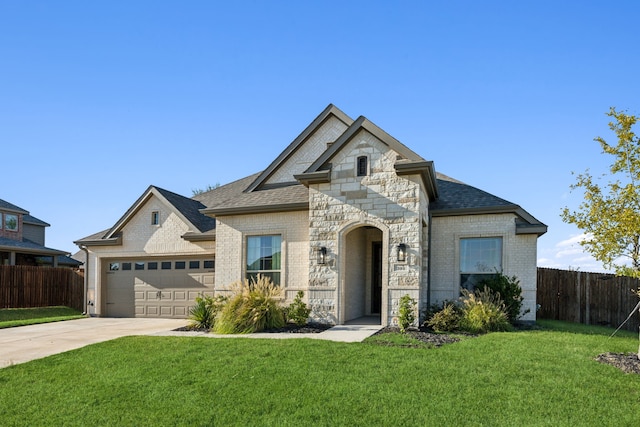 view of front of home with a garage and a front lawn