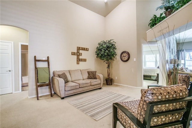 carpeted living room with a high ceiling