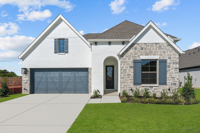 view of front of home with a garage and a front lawn