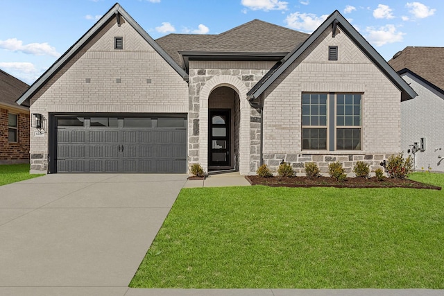 view of front of property featuring a garage and a front lawn