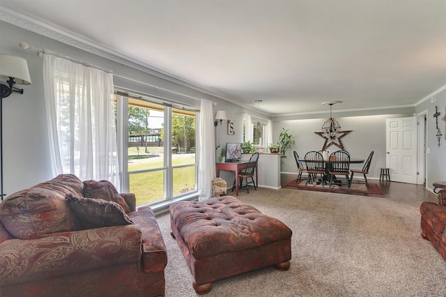 living room with carpet flooring and ornamental molding