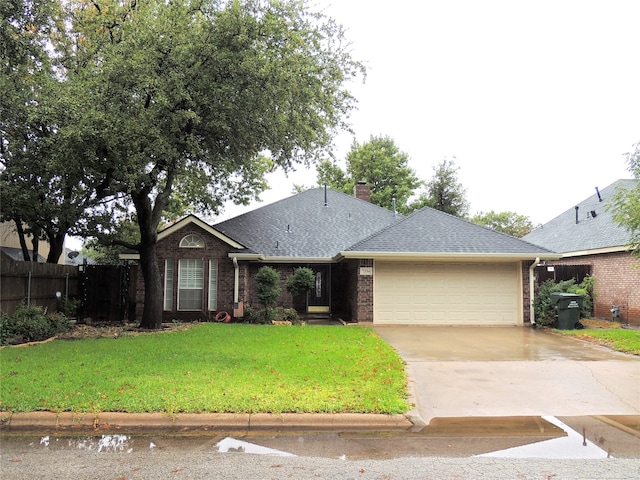 ranch-style house featuring a garage and a front lawn