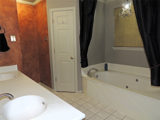 bathroom featuring vanity, tile patterned floors, a washtub, and crown molding