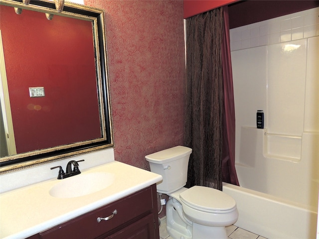 full bathroom featuring vanity, shower / tub combo, toilet, and tile patterned flooring