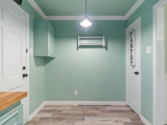 washroom featuring crown molding and light hardwood / wood-style flooring