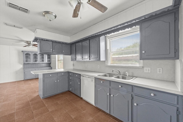 kitchen featuring gray cabinetry, kitchen peninsula, dishwasher, ceiling fan, and sink