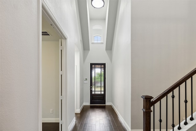 foyer entrance with a high ceiling and dark hardwood / wood-style floors