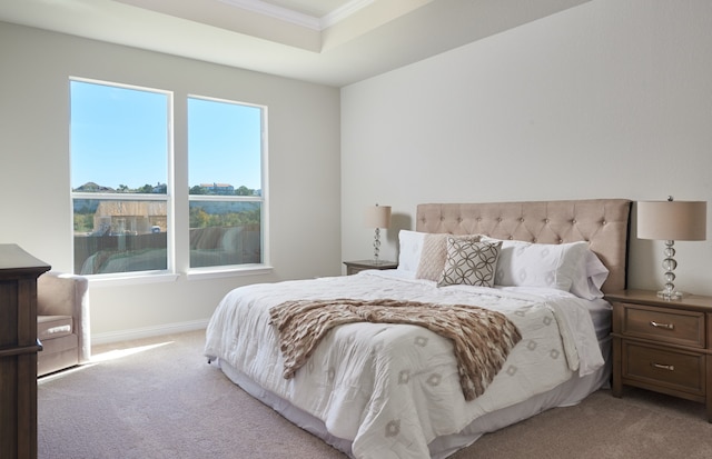 bedroom featuring light carpet and ornamental molding