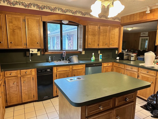 kitchen with dishwasher, a textured ceiling, a chandelier, and light tile patterned floors