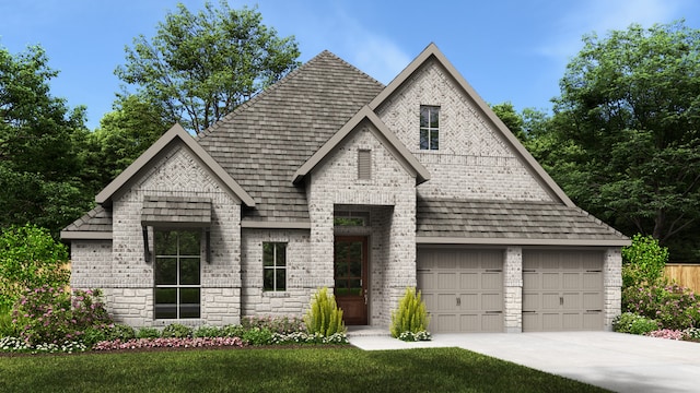 view of front of property with a garage and a front lawn