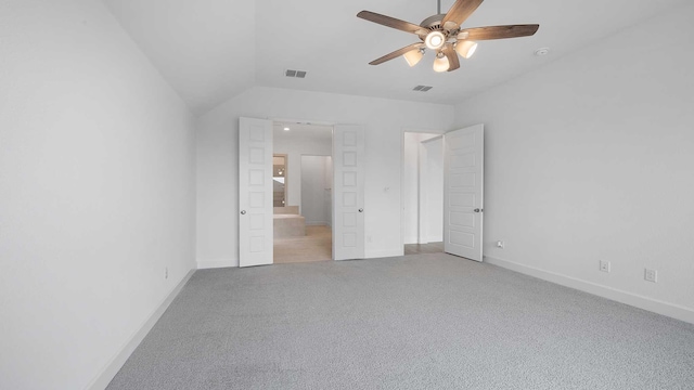 unfurnished bedroom with carpet, visible vents, ceiling fan, and baseboards