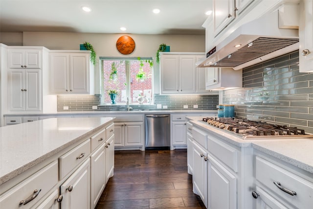 kitchen with stainless steel appliances, dark wood-type flooring, under cabinet range hood, and white cabinets